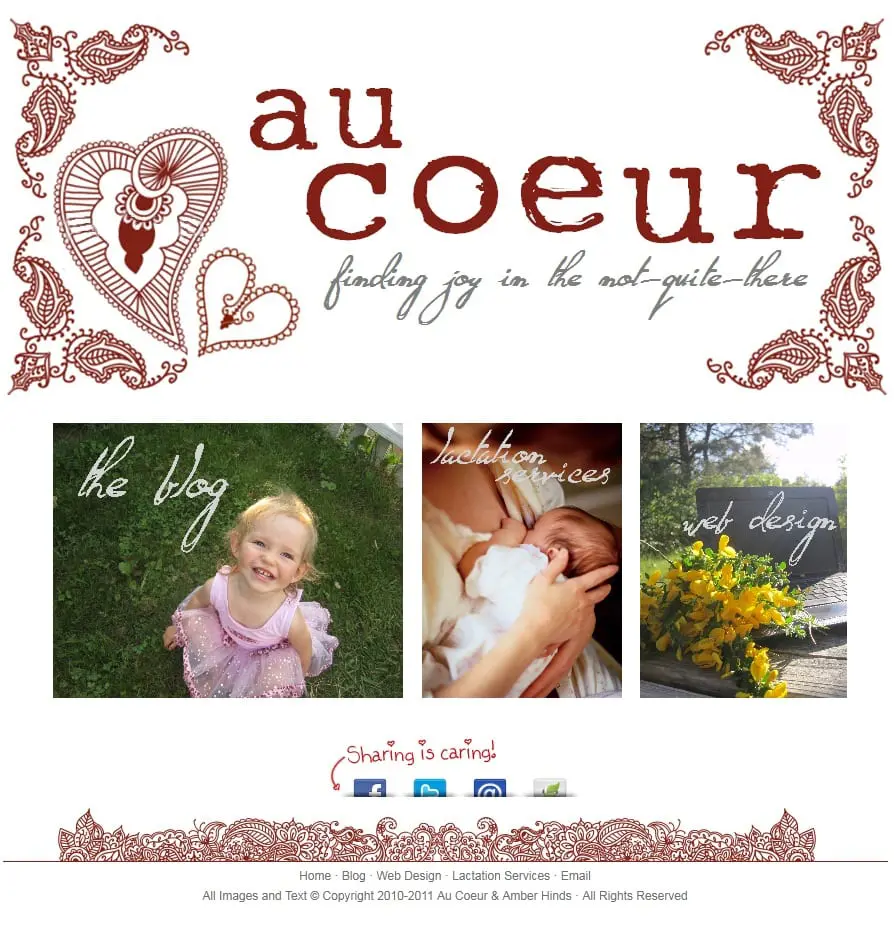 Home page of au coeur featuring the blog, web design, and lactation consulting.