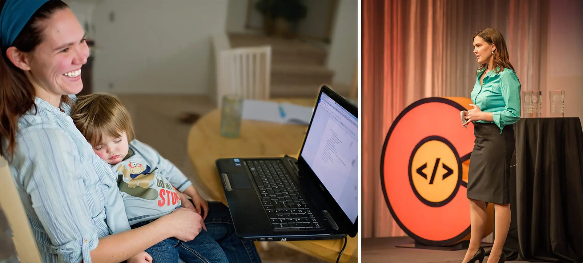 Amber holding a sleeping toddler while she works at a kitchen table on her laptop next to a different photo of her speaking on stage in professional attire.