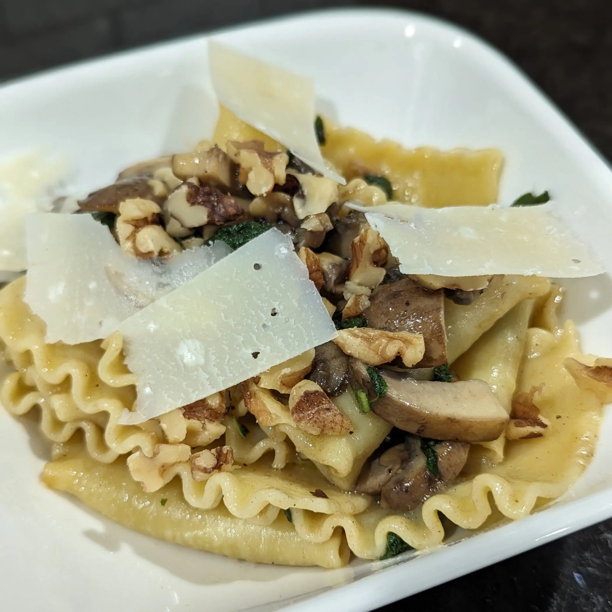 Pasta with sherry, browned butter, sage, mushrooms, and walnuts