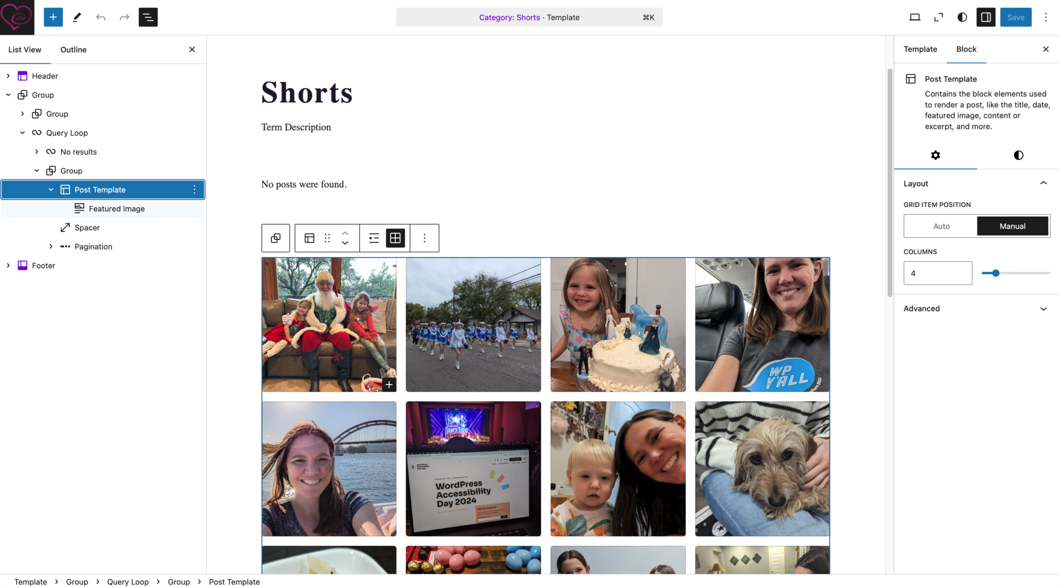 WordPress full site editor open to a template for a single category, "Shorts". The archive title followed by the term description is at the top and below it is a query loop block with rows of 4 images across. Each image is a featured image that link to the post.