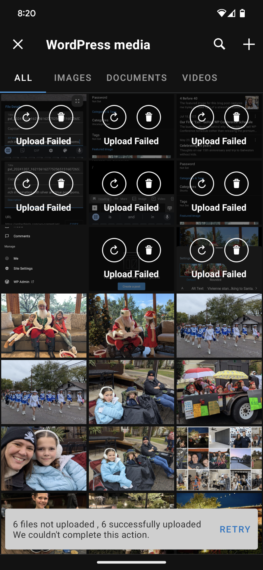 WordPress media library in the Android app showing 8 images that failed to upload and one that did upload. The status message says, 6 files not uploaded, 6 successfully uploaded. We couldn't complete this action.