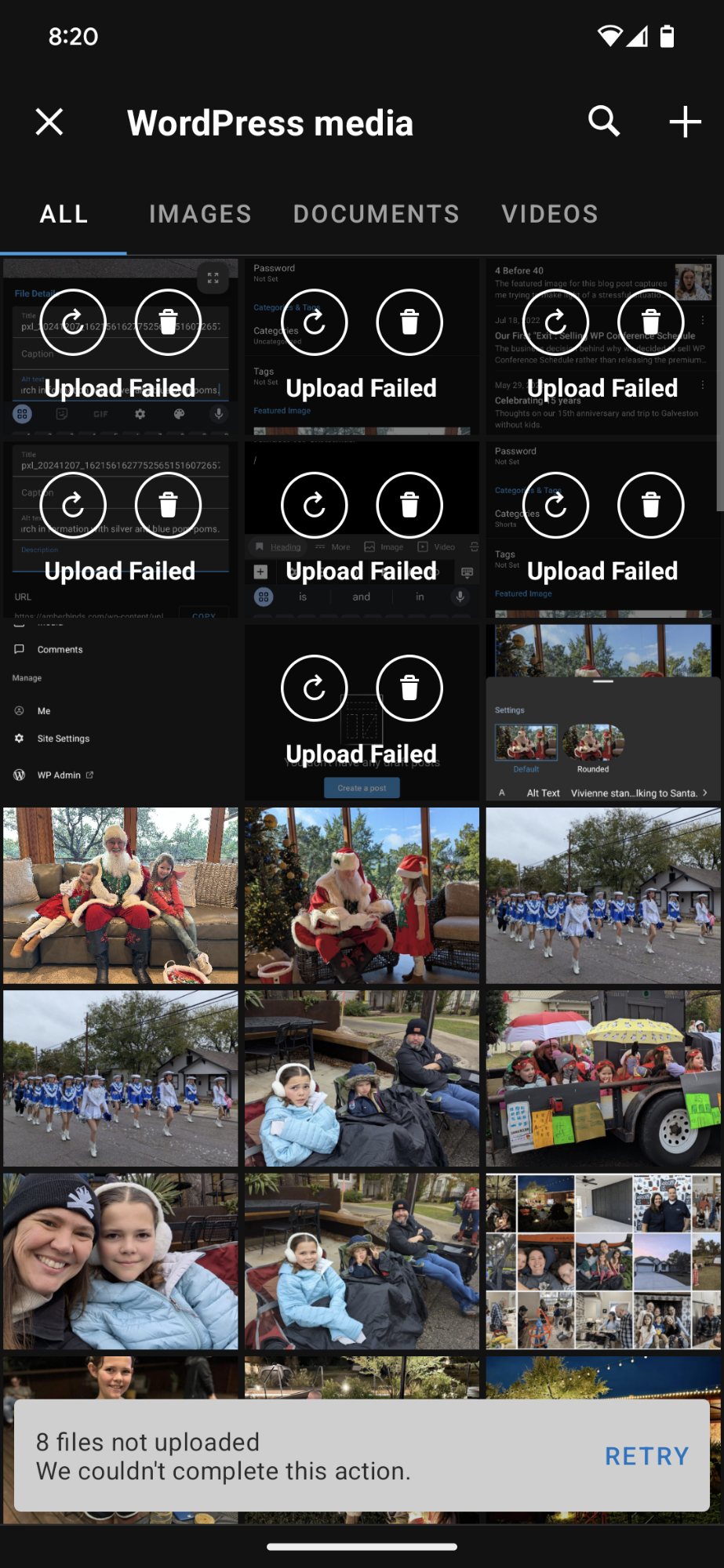 WordPress media library in the Android app showing 7 failed image uploads.