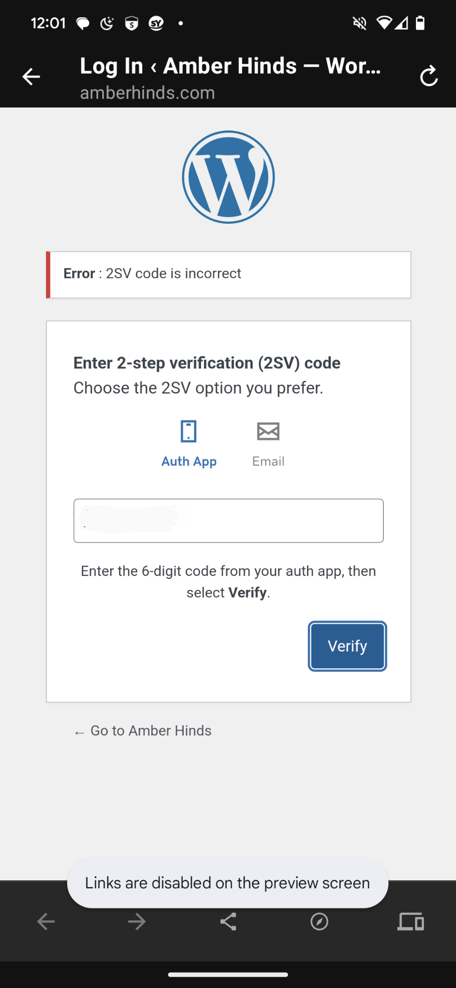 Phone attempting to preview a WordPress post with the message "Links are disabled in preview."