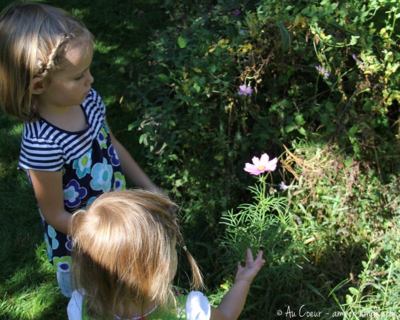 Nora and Zara look at a pink flower