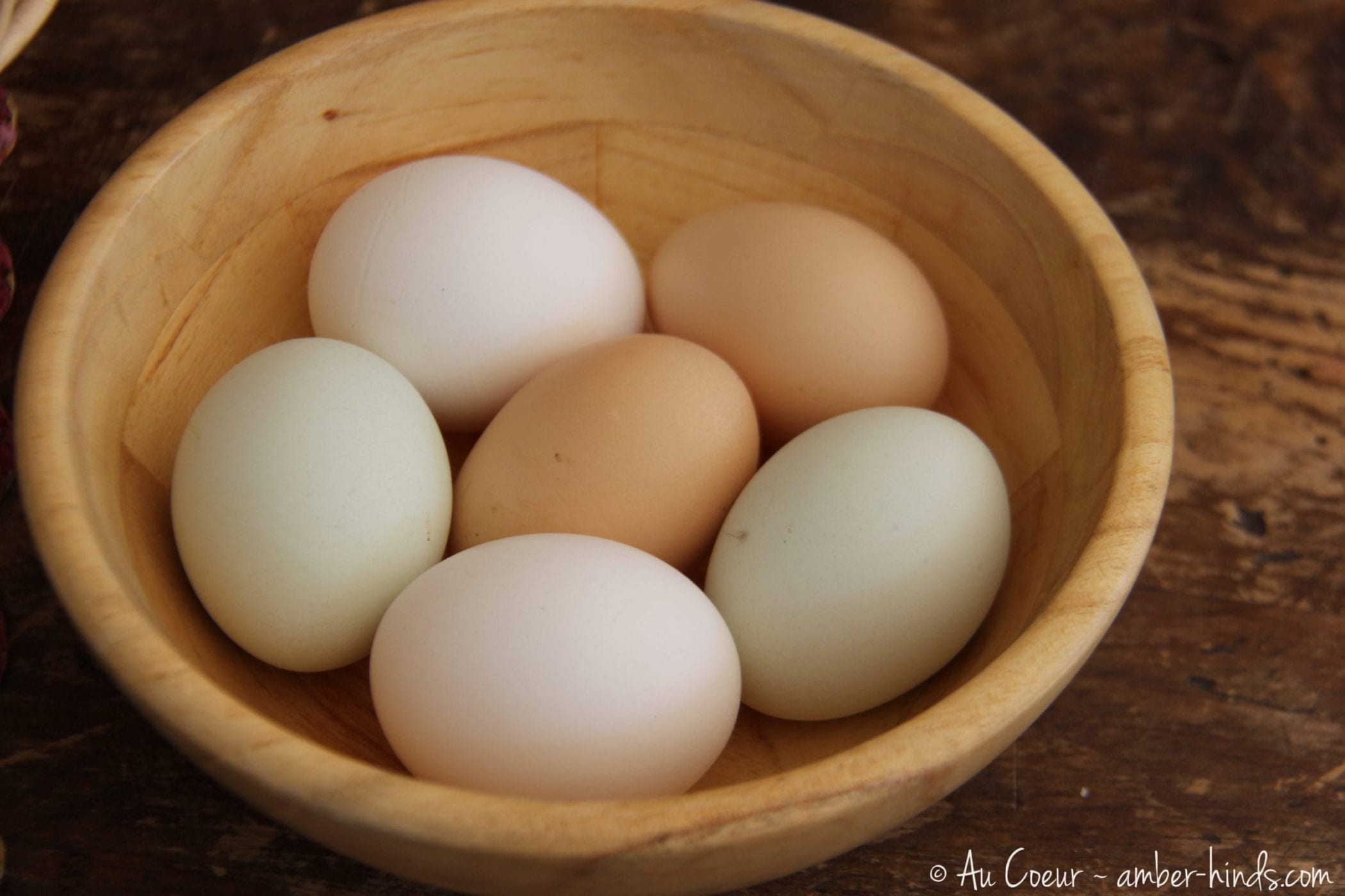 Multicolored eggs in a wooden bowl.