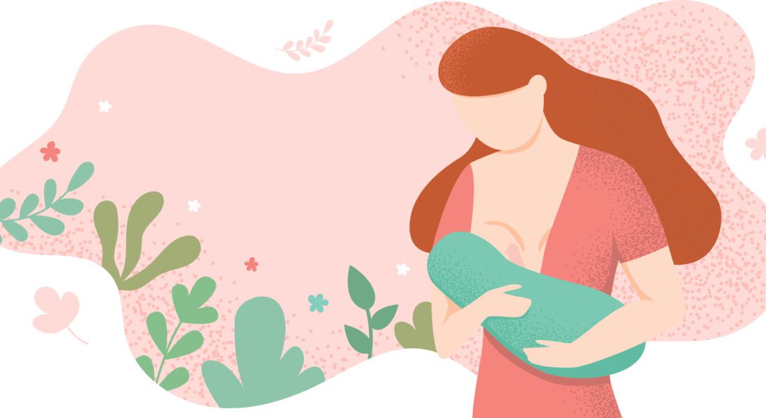 drawing of mother nursing baby with floral background