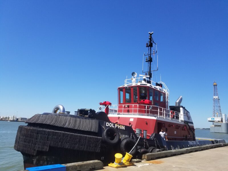A firefighting tug boat